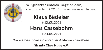 Traueranzeige von Shanty Chor Hude von Nordwest-Zeitung