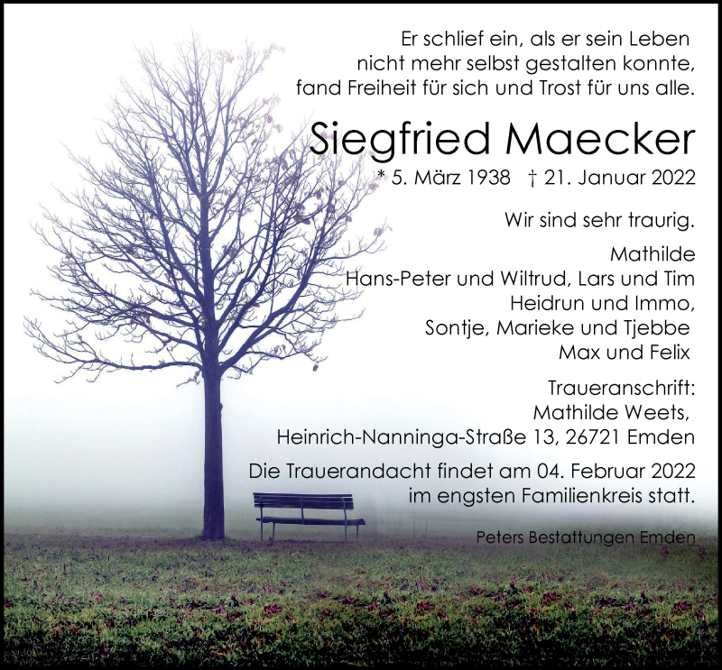 Traueranzeige für Siegfried Maecker vom 26.01.2022 aus Emder Zeitung
