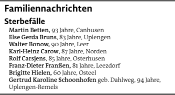 Traueranzeige von Sterbetafel vom 05.01.2022 von Emder Zeitung