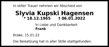 Traueranzeige von Sylvia Kupski Hagensen von Nordwest-Zeitung