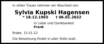 Traueranzeige von Sylvia Kupski Hagensen von Nordwest-Zeitung