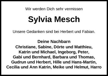 Traueranzeige von Sylvia Mesch von Nordwest-Zeitung