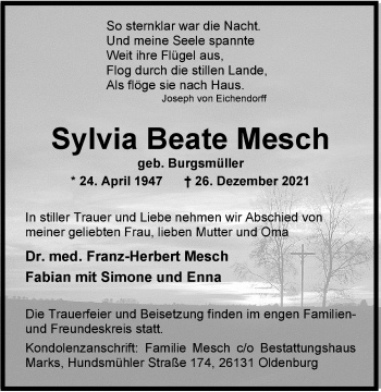 Traueranzeige von Sylvia Beate Mesch von Nordwest-Zeitung