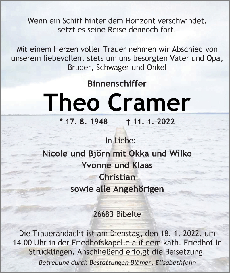  Traueranzeige für Theo Cramer vom 14.01.2022 aus Nordwest-Zeitung