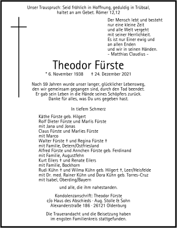 Traueranzeige von Theodor Fürste von Nordwest-Zeitung