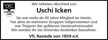 Traueranzeige von Uschi Icken von Nordwest-Zeitung