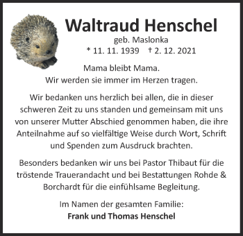 Traueranzeige von Waltraud Henschel von Nordwest-Zeitung