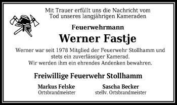 Traueranzeige von Werner Fastje von Nordwest-Zeitung