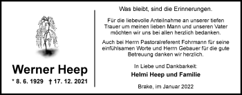 Traueranzeige von Werner Heep von Nordwest-Zeitung