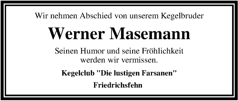  Traueranzeige für Werner Masemann vom 21.01.2022 aus Nordwest-Zeitung