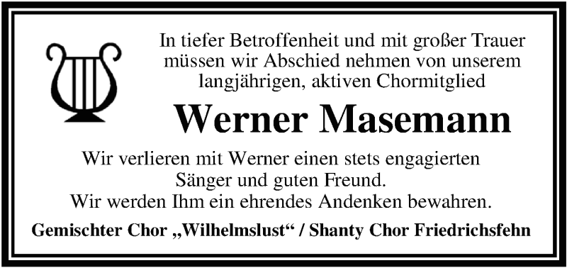  Traueranzeige für Werner Masemann vom 21.01.2022 aus Nordwest-Zeitung