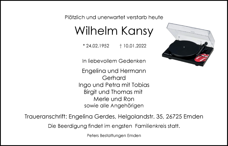  Traueranzeige für Wilhelm Kansy vom 15.01.2022 aus Emder Zeitung