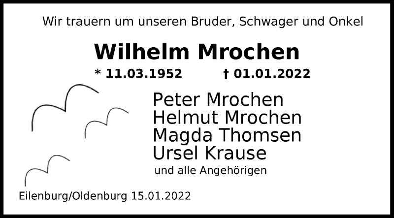  Traueranzeige für Wilhelm Mrochen vom 15.01.2022 aus Nordwest-Zeitung