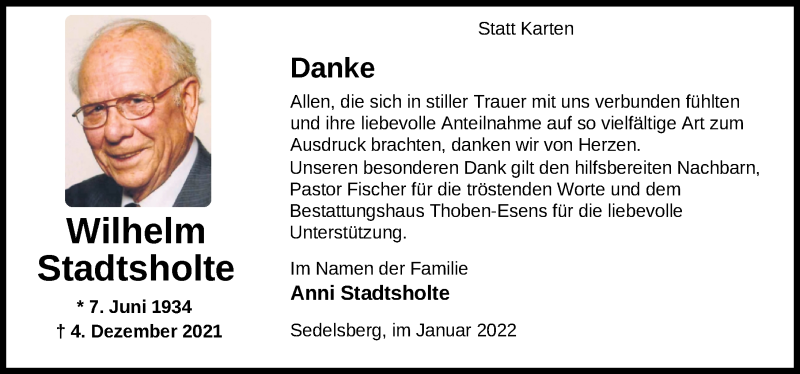  Traueranzeige für Wilhelm Stadtsholte vom 15.01.2022 aus Nordwest-Zeitung