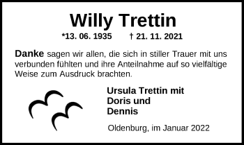 Traueranzeige von Willy Trettin von Nordwest-Zeitung