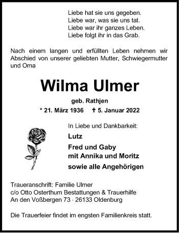 Traueranzeige von Wilma Ulmer von Nordwest-Zeitung