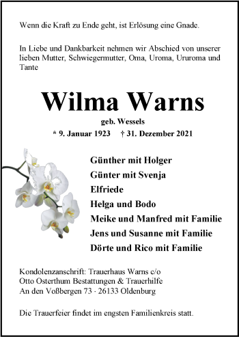Traueranzeige von Wilma Warns von Nordwest-Zeitung