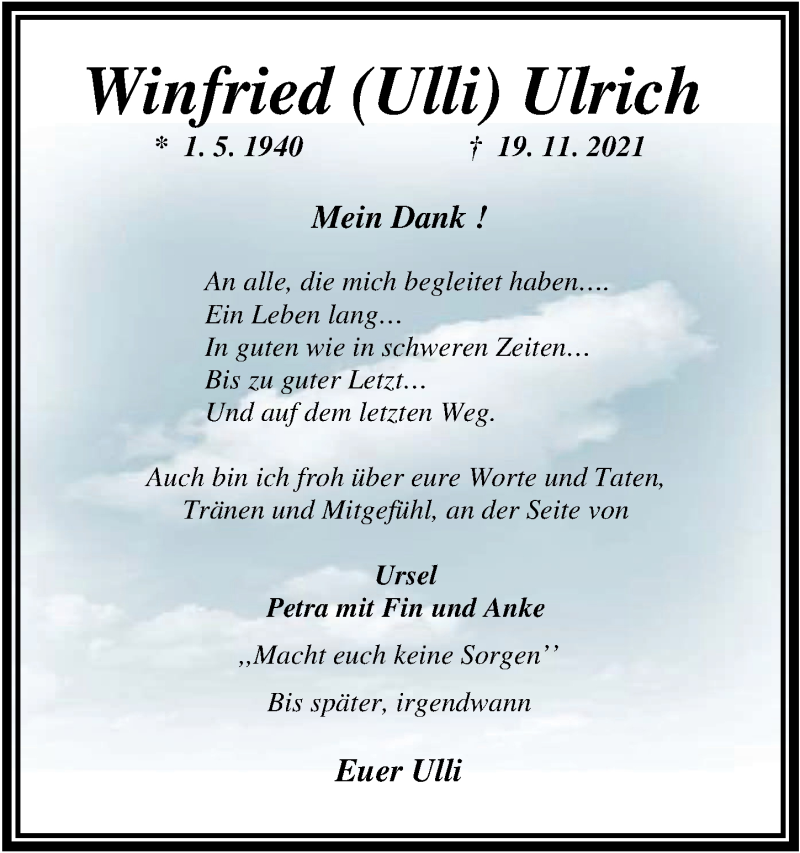  Traueranzeige für Winfried Ulrich vom 05.01.2022 aus Nordwest-Zeitung