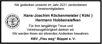 Traueranzeige von Wir gedenken unseren im Jahr 2021 verstorbenen Vereinsmitgliedern  von Nordwest-Zeitung