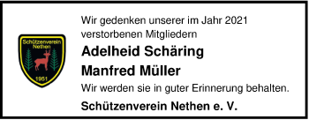 Traueranzeige von Wir gedenken unserer im Jahr 2021 verstorbenen Mitgliedern  von Nordwest-Zeitung