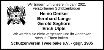 Traueranzeige von Wir trauern um unsere im Jahr 2021 verstorbenen Schützenbrüder  von Nordwest-Zeitung