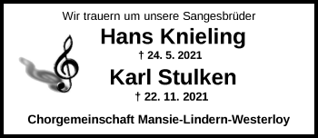 Traueranzeige von Wir trauern um unsere Sangesbrüder  von Nordwest-Zeitung