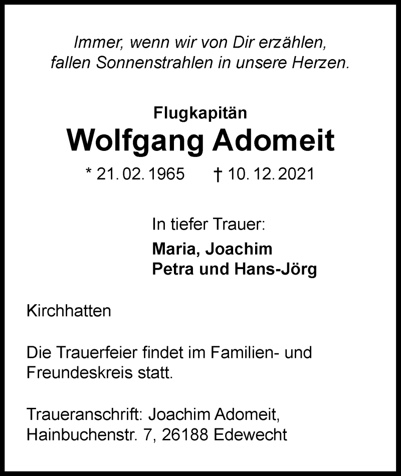  Traueranzeige für Wolfgang Adomeit vom 15.01.2022 aus Nordwest-Zeitung