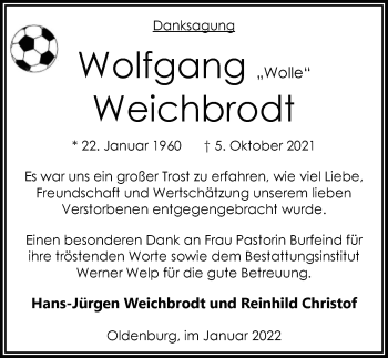 Traueranzeige von Wolfgang Weichbrodt von Nordwest-Zeitung