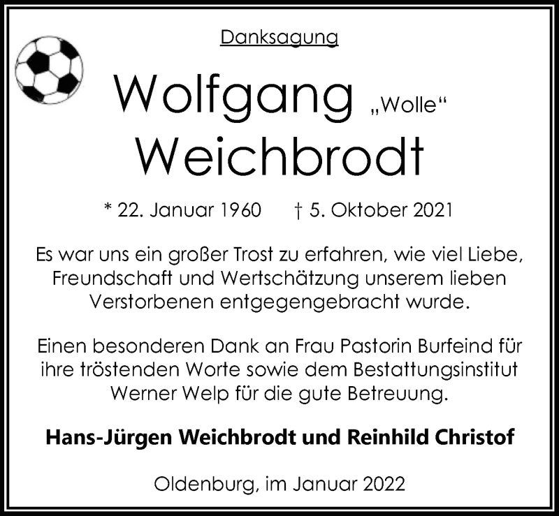  Traueranzeige für Wolfgang Weichbrodt vom 15.01.2022 aus Nordwest-Zeitung