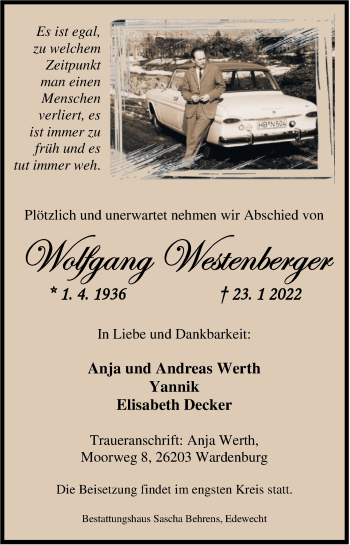 Traueranzeige von Wolfgang Westenberger von Nordwest-Zeitung