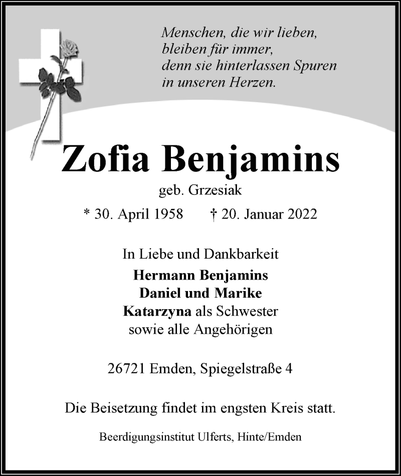  Traueranzeige für Zofia Benjamins vom 25.01.2022 aus Emder Zeitung