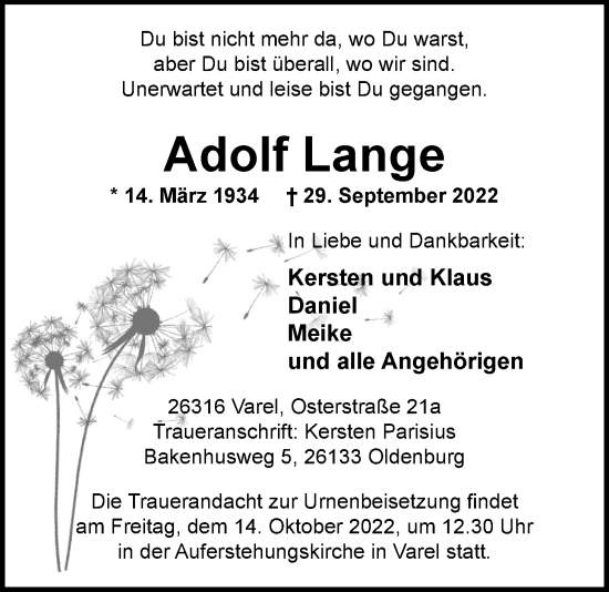 Traueranzeige von Adolf Lange von Nordwest-Zeitung