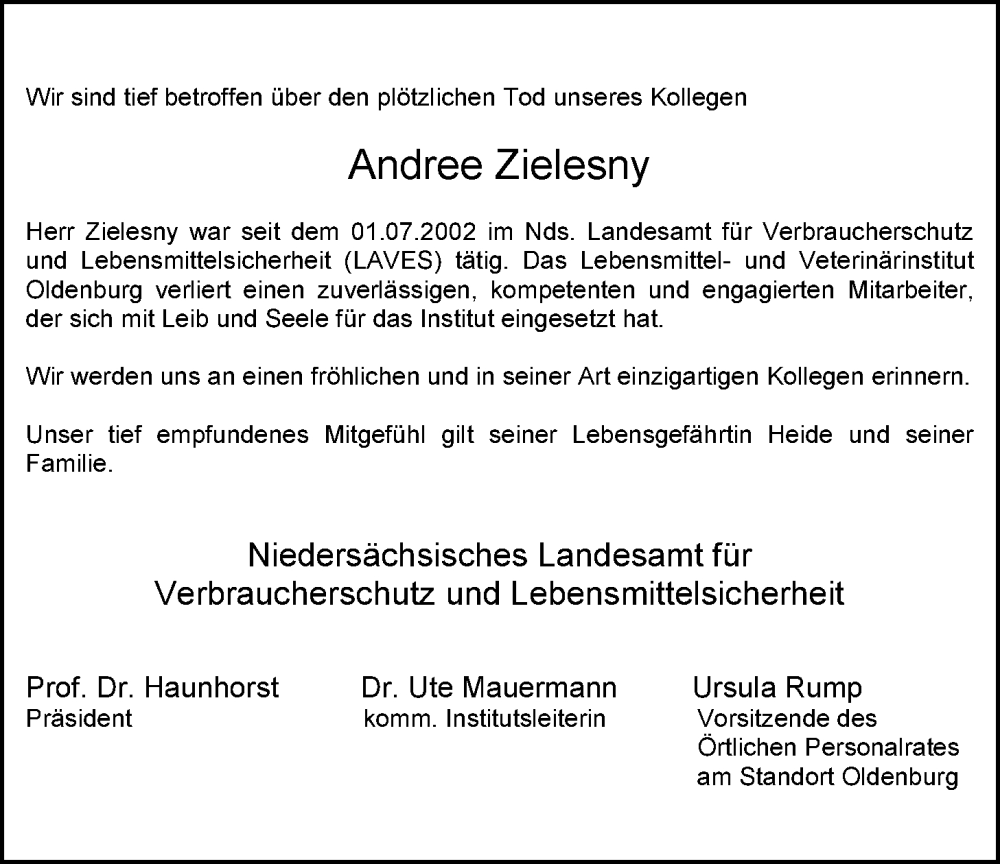  Traueranzeige für Andree Zielesny vom 26.10.2022 aus Nordwest-Zeitung
