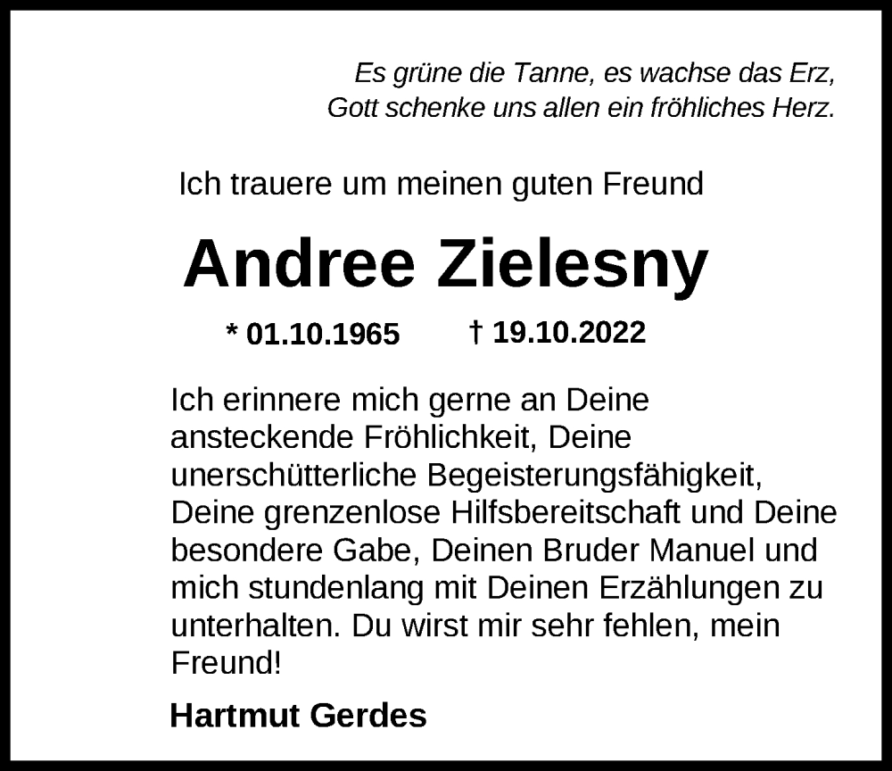  Traueranzeige für Andree Zielesny vom 26.10.2022 aus Nordwest-Zeitung