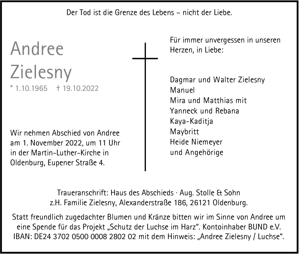  Traueranzeige für Andree Zielesny vom 26.10.2022 aus Nordwest-Zeitung