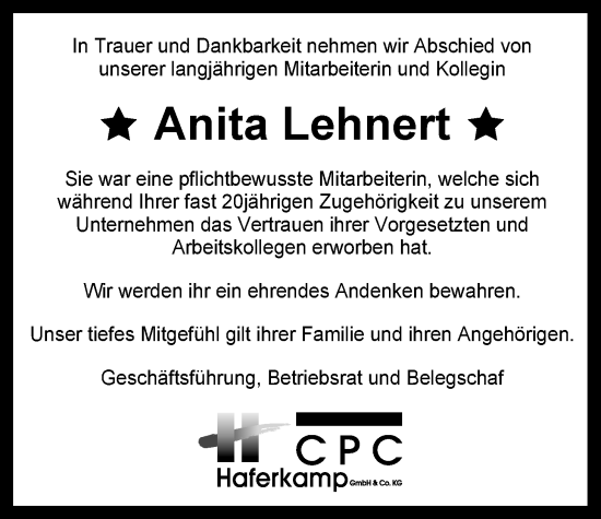 Traueranzeige von Anita Lehnert von Nordwest-Zeitung