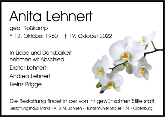 Traueranzeige von Anita Lehnert von Nordwest-Zeitung