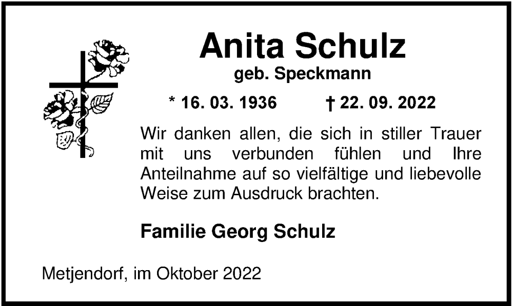  Traueranzeige für Anita Schulz vom 29.10.2022 aus Nordwest-Zeitung