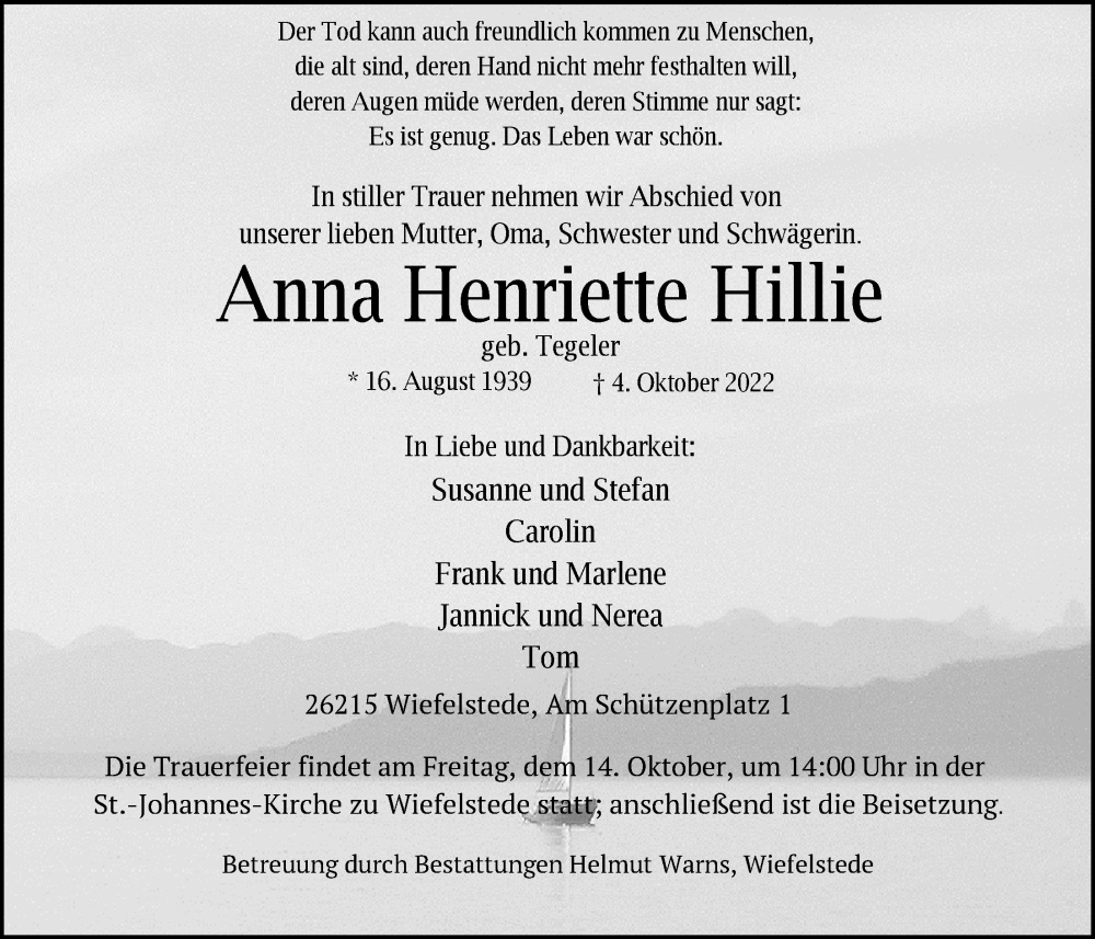  Traueranzeige für Anna Henriette Hillie vom 08.10.2022 aus Nordwest-Zeitung