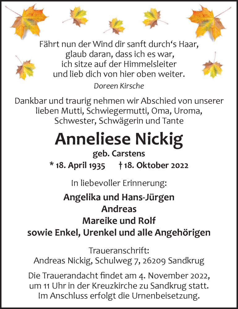  Traueranzeige für Anneliese Nickig vom 28.10.2022 aus Nordwest-Zeitung