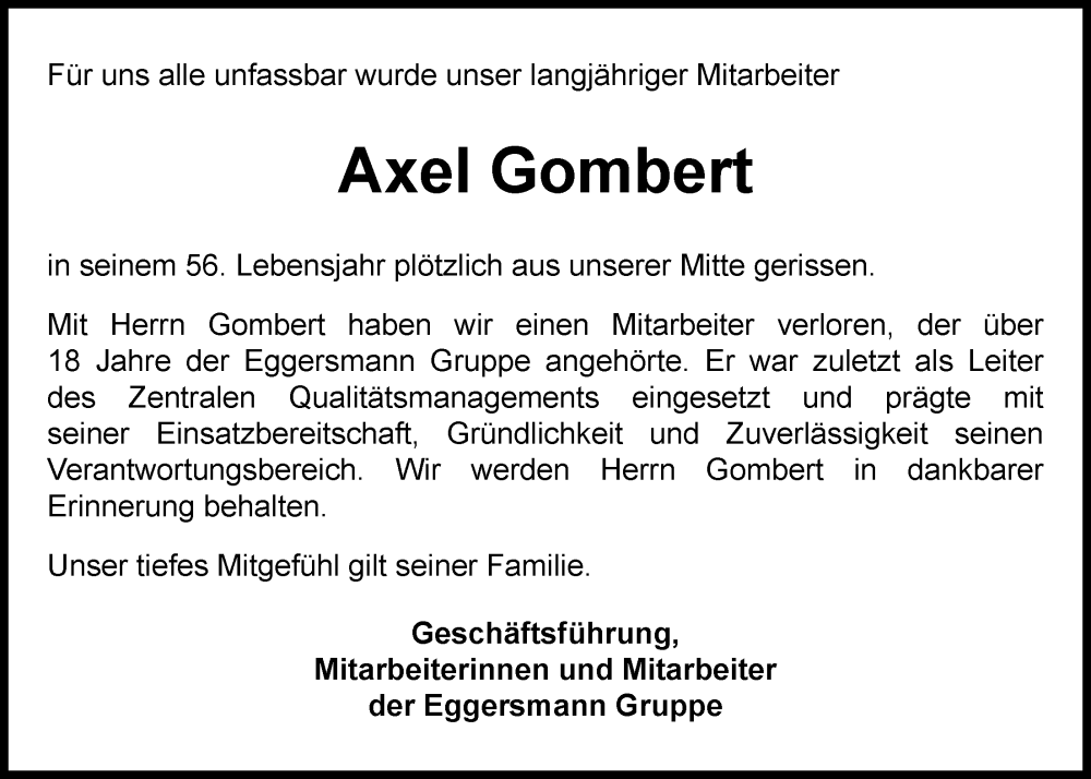  Traueranzeige für Axel Gombert vom 22.10.2022 aus Nordwest-Zeitung