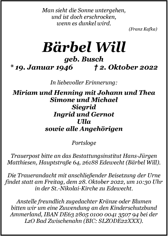 Traueranzeige von Bärbel Will von Nordwest-Zeitung
