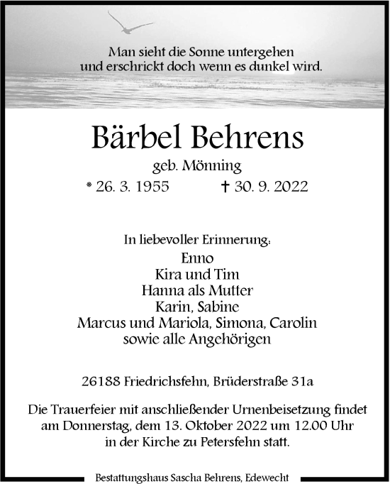 Traueranzeige von Barbara Behrens von Nordwest-Zeitung