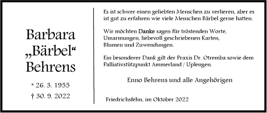 Traueranzeige von Barbara Behrens von Nordwest-Zeitung