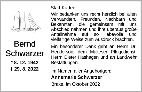 Traueranzeige von Bernd Schwarzer von Nordwest-Zeitung