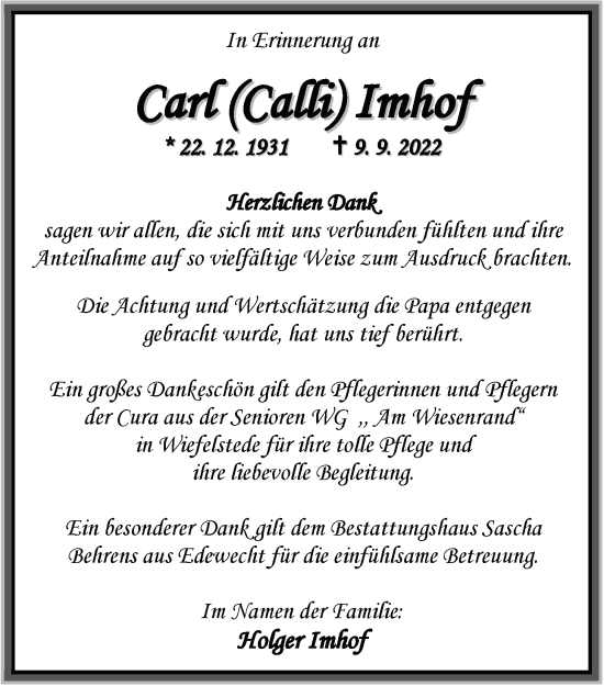 Traueranzeige von Carl Imhof von Nordwest-Zeitung