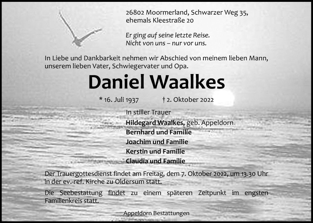  Traueranzeige für Daniel Waalkes vom 05.10.2022 aus Emder Zeitung