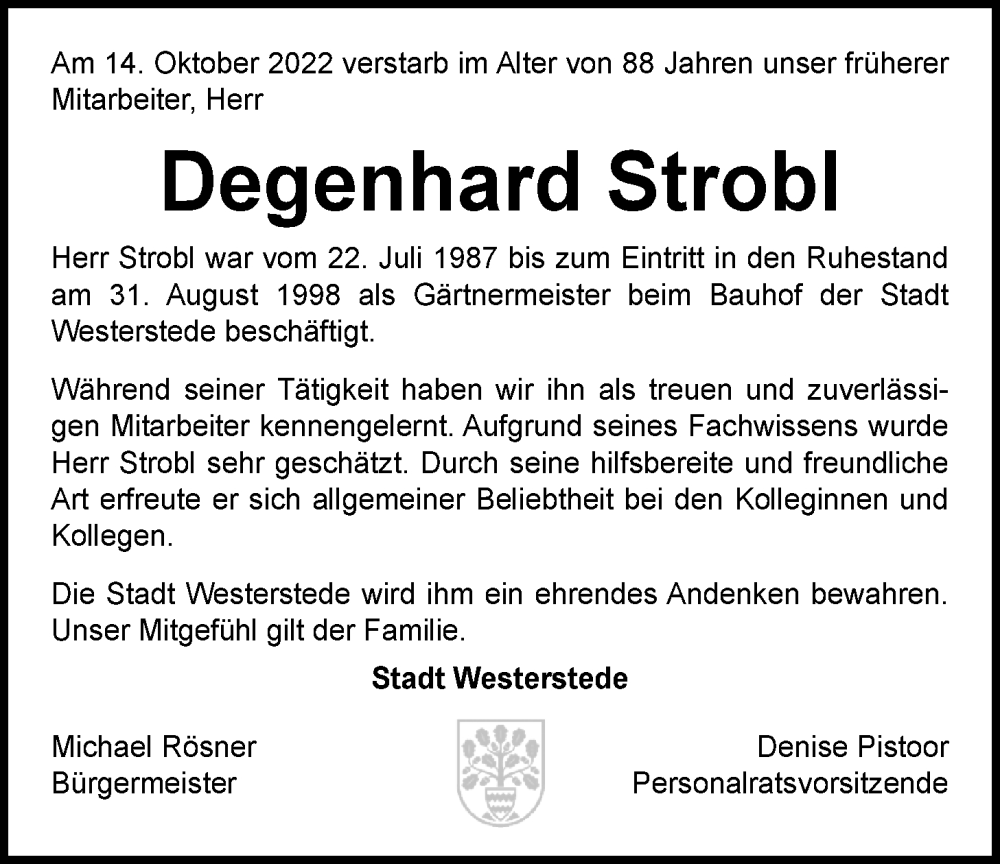  Traueranzeige für Degenhard Strobl vom 22.10.2022 aus Nordwest-Zeitung