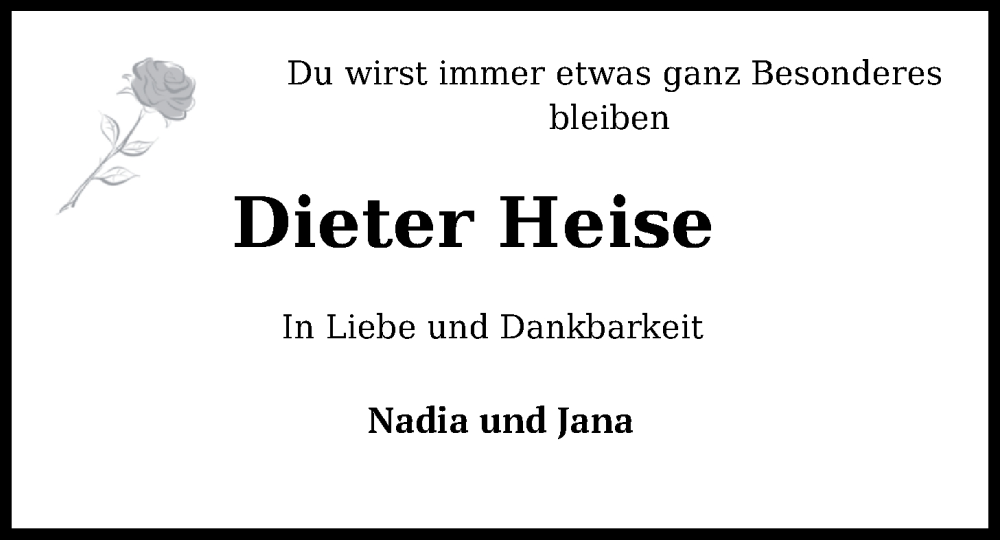  Traueranzeige für Dieter Heise vom 22.10.2022 aus Nordwest-Zeitung