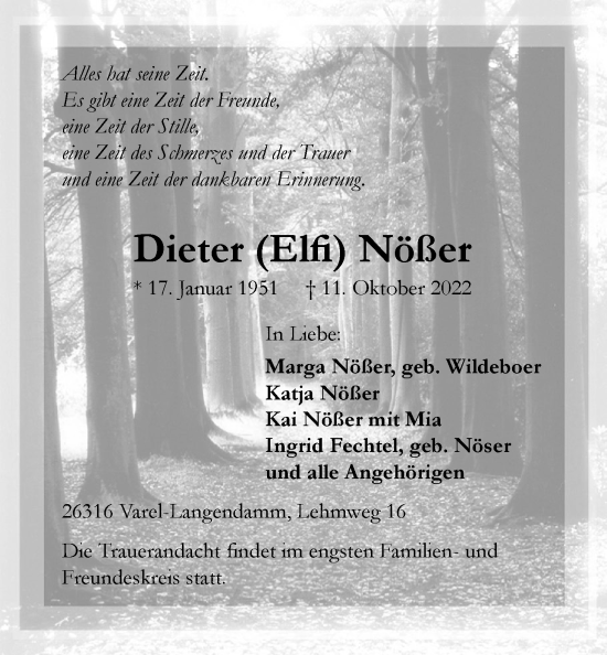 Traueranzeige von Dieter Nößer von Nordwest-Zeitung